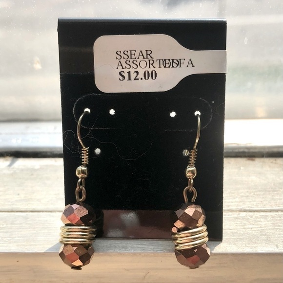 Beaded Dangle Earrings Gold Tone With Bronze Beads - Picture 1 of 8